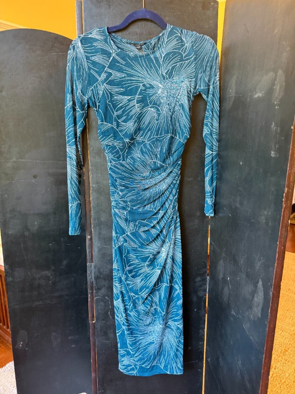 Guess teal sheer bodycon ruched midi dress S